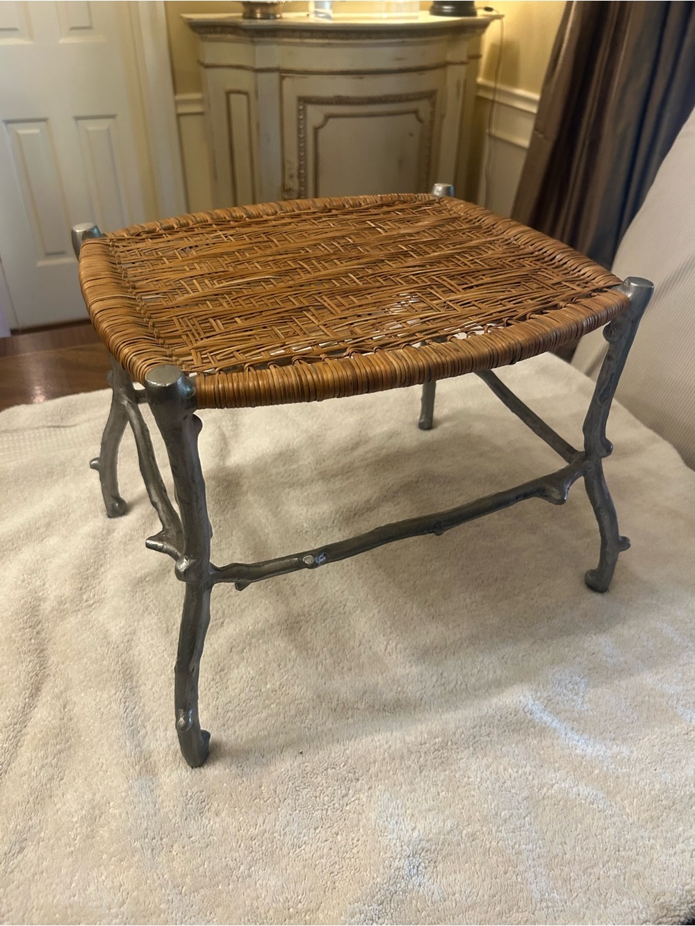 Vintage organic design cast aluminum branches & woven rattan table stool!